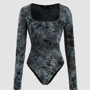 CIDER ladies size 2X 46" bust long sleeve gray black floral bodysuit missing tag